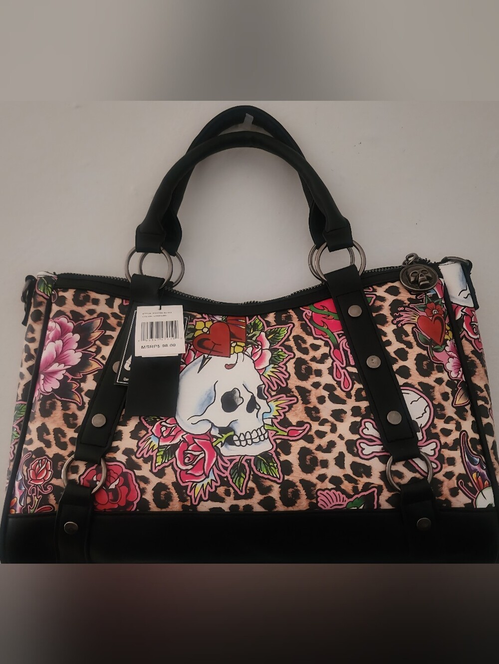 Ed Hardy Leopard Skull Floral Satchel - Black/Tan/Pink/Red